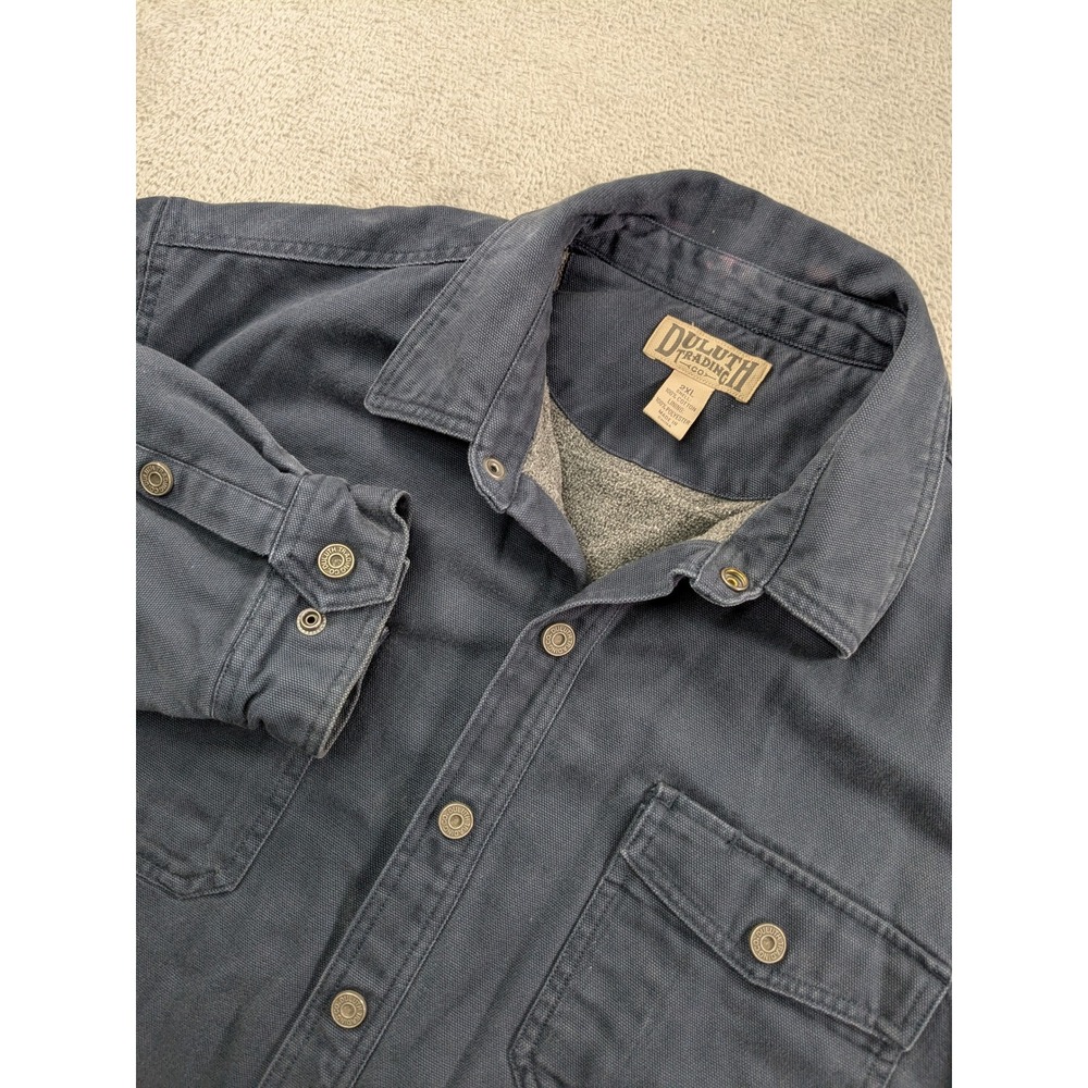 Duluth Trading Co Mens 2XL Fleece Lined Canvas Shirt Jacket Navy Blue Snap Front